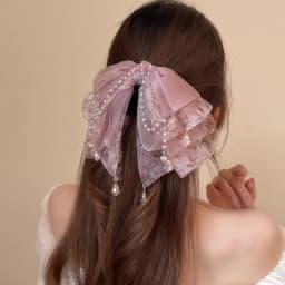 Beautiful Pink Hair Clips for Women Aesthetic Floral Bow with Crystal Chain Decorative Hair Clips