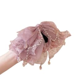 Beautiful Pink Hair Clips for Women Aesthetic Floral Bow with Crystal Chain Decorative Hair Clips