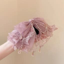 Beautiful Pink Hair Clips for Women Aesthetic Floral Bow with Crystal Chain Decorative Hair Clips