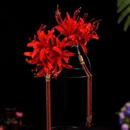 Red Magic-Lily Hairpin Silk Flower Tassel Hair Accessories for Women Birthday Party Stage Show Elegant Headwear