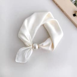 Women Luxury Satin Neck Scarf with Magnetic Buckle, Faux Pearl Pendant, Solid Black Easy Wear Necktie Scarf for Office Party