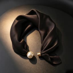 Women Luxury Satin Neck Scarf with Magnetic Buckle, Faux Pearl Pendant, Solid Black Easy Wear Necktie Scarf for Office Party