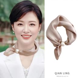 Women Luxury Satin Neck Scarf with Magnetic Buckle, Faux Pearl Pendant, Solid Black Easy Wear Necktie Scarf for Office Party