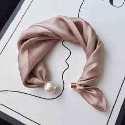 Women Luxury Satin Neck Scarf with Magnetic Buckle, Faux Pearl Pendant, Solid Black Easy Wear Necktie Scarf for Office Party