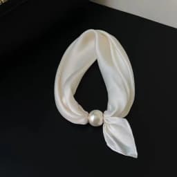Women Luxury Satin Neck Scarf with Magnetic Buckle, Faux Pearl Pendant, Solid Black Easy Wear Necktie Scarf for Office Party