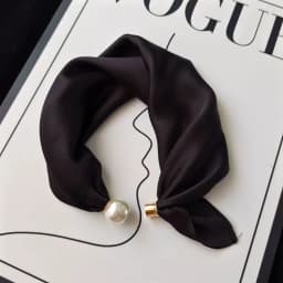 Women Luxury Satin Neck Scarf with Magnetic Buckle, Faux Pearl Pendant, Solid Black Easy Wear Necktie Scarf for Office Party