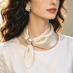 Women Luxury Satin Neck Scarf with Magnetic Buckle, Faux Pearl Pendant, Solid Black Easy Wear Necktie Scarf for Office Party