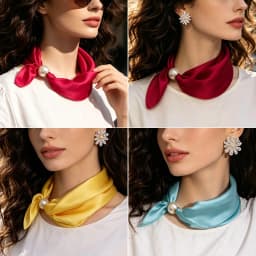 Women Luxury Satin Neck Scarf with Magnetic Buckle, Faux Pearl Pendant, Solid Black Easy Wear Necktie Scarf for Office Party