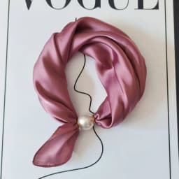 Women Luxury Satin Neck Scarf with Magnetic Buckle, Faux Pearl Pendant, Solid Black Easy Wear Necktie Scarf for Office Party