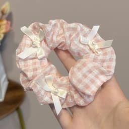 1/2 Pcs Sweet Cream Pink Plaid Hair Ties for Women Imitation Pearl Bowknot Scrunchies Elastic Ponytail Holders Daily M