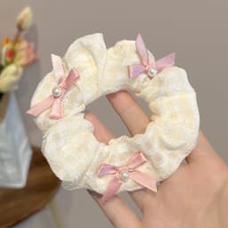 1/2 Pcs Sweet Cream Pink Plaid Hair Ties for Women Imitation Pearl Bowknot Scrunchies Elastic Ponytail Holders Daily M