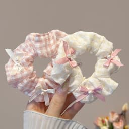 1/2 Pcs Sweet Cream Pink Plaid Hair Ties for Women Imitation Pearl Bowknot Scrunchies Elastic Ponytail Holders Daily M