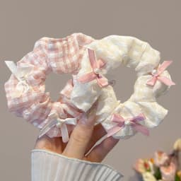 1/2 Pcs Sweet Cream Pink Plaid Hair Ties for Women Imitation Pearl Bowknot Scrunchies Elastic Ponytail Holders Daily M