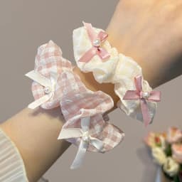 1/2 Pcs Sweet Cream Pink Plaid Hair Ties for Women Imitation Pearl Bowknot Scrunchies Elastic Ponytail Holders Daily M