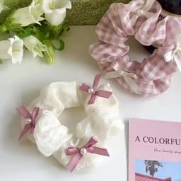 1/2 Pcs Sweet Cream Pink Plaid Hair Ties for Women Imitation Pearl Bowknot Scrunchies Elastic Ponytail Holders Daily M