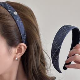 Vintage Elastic Hair Hoop Blue Plaid Headband With Heart Pendant Women Hair Accessories For Daily Party Wear