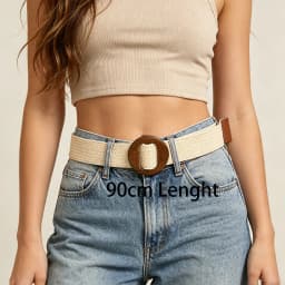 1pc Women Square Wooden Buckle Boho Straw Belt For Daily Decoration Weave Detail Women Belt Girdle For Dress Jeans Summer Beach