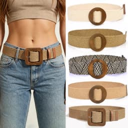 1pc Women Square Wooden Buckle Boho Straw Belt For Daily Decoration Weave Detail Women Belt Girdle For Dress Jeans Summer Beach
