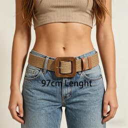 1pc Women Square Wooden Buckle Boho Straw Belt For Daily Decoration Weave Detail Women Belt Girdle For Dress Jeans Summer Beach