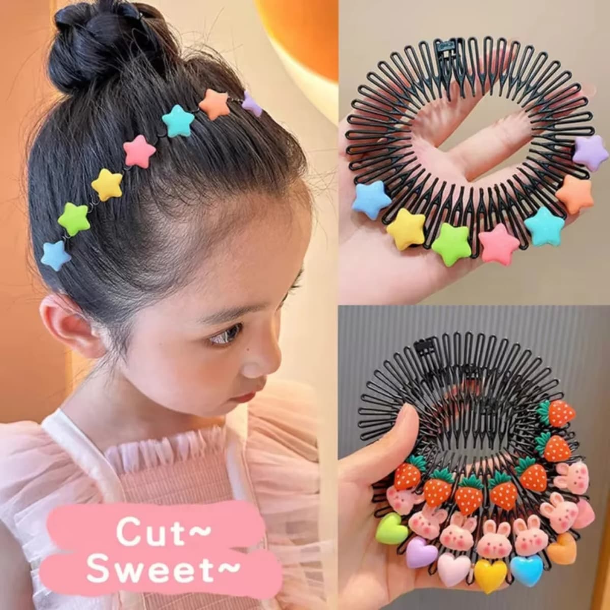 Children Y2k Star Colorful Hair Comb Broken Headband Hair Clips Bunny Heart Cute Headdress Princess Girls Hair Accessories