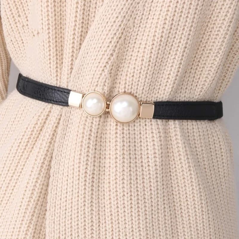 Elegant Double Pearls Buckle Elastic Women Belts Thin Straps Lady Girl Dress Skirt Decor Waistbands Trouser Dress Decoration