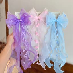 Cute Princess Tulle Bow Hair Clips for Girl Long Ribbon Streamer Flower Decor Hair Barrettes Toddler Kids Sweet Hair Accessories