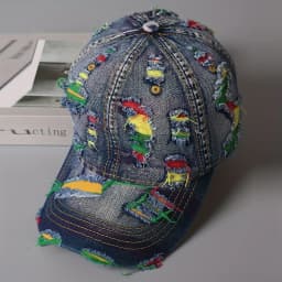 Unisex Retro Distressed Denim Baseball Cap - Adjustable Snap-Button Korean Style Ripped Cap, Breathable Washed Denim Fabric