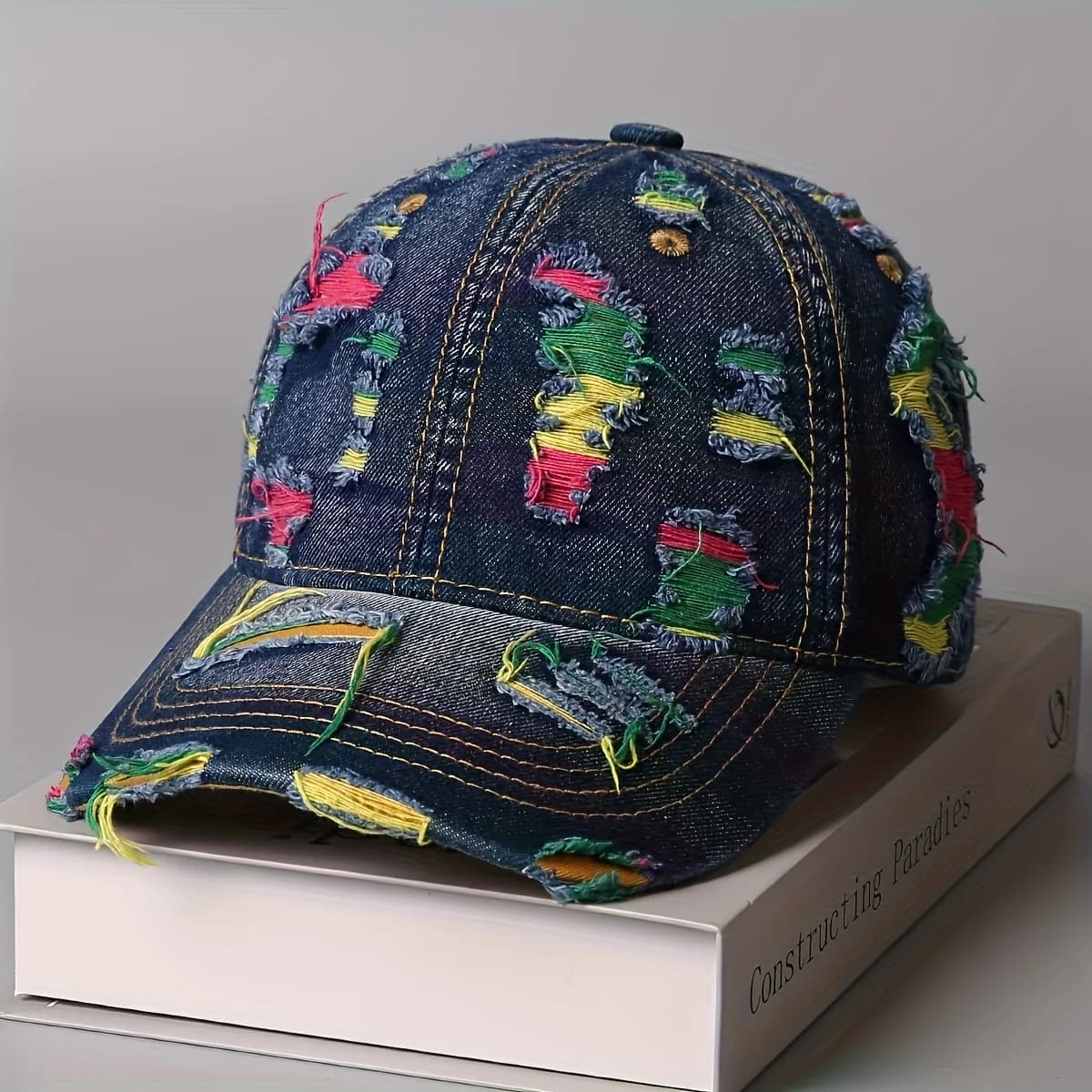 Unisex Retro Distressed Denim Baseball Cap - Adjustable Snap-Button Korean Style Ripped Cap, Breathable Washed Denim Fabric