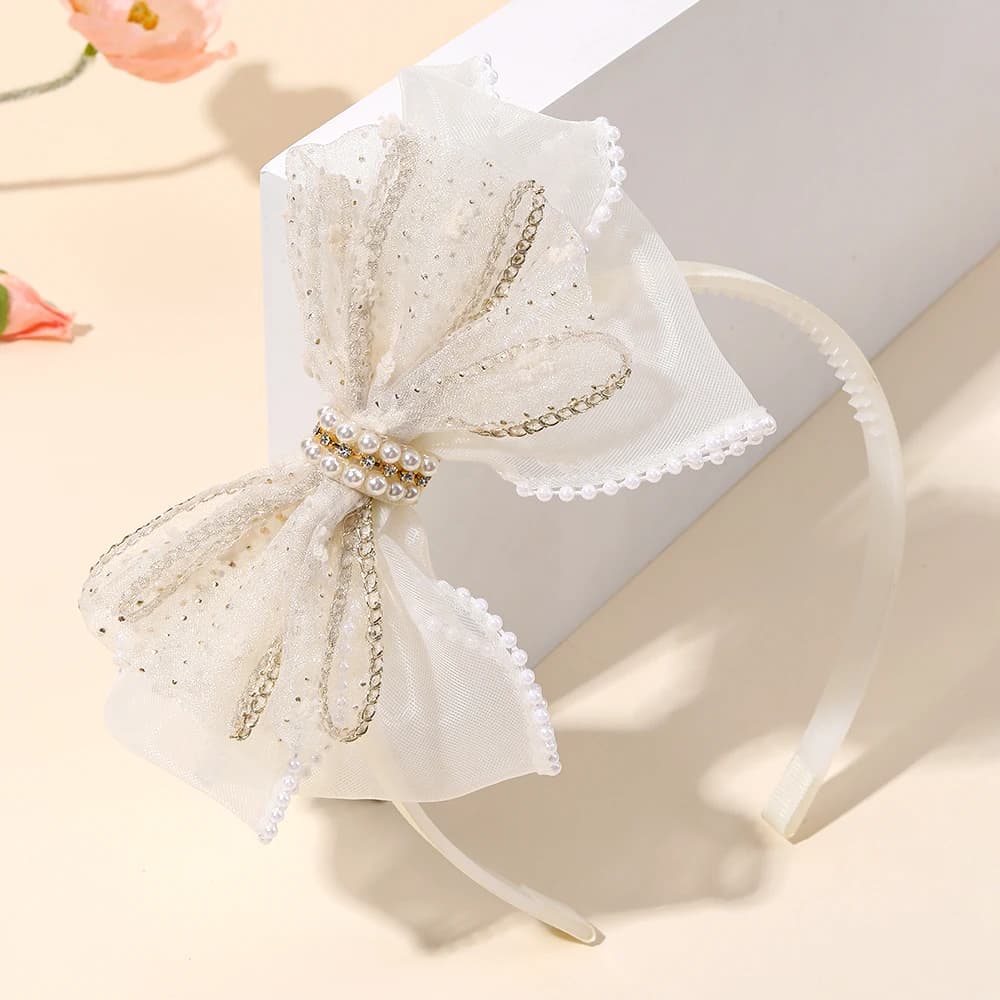 Chiffon Large Bow Headband For Girls Elegant Beige Bownot Hairband Sweet Pearls Non-slip Hair Hoop Party Daily Hair Accessories