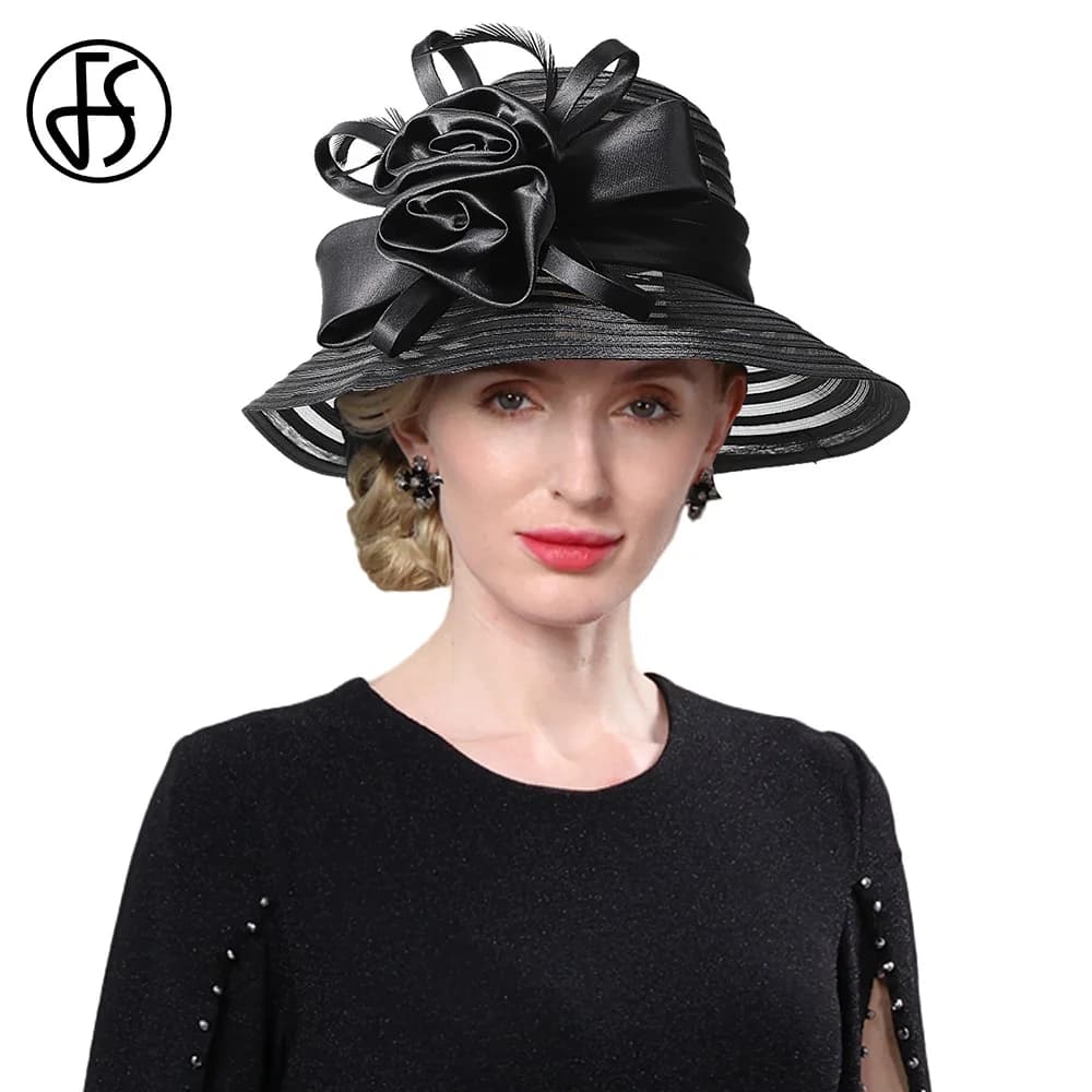 FS Black Red Floppy Organza Fascinators Hats Big Flower Church Hat For Women Elegant Wide Brim Wedding Bride Cap Chapeau Femme