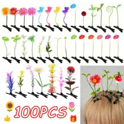 100PCS Unisex Funny Simulation Grass Hair Clips Cute Butterfly Mushroom Flower Shaped Party Hair Accessories