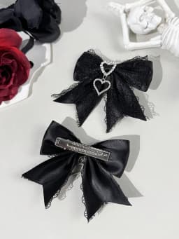 Two-piece set of women's street-style youthful sweet-cool lace ribbon rhinestone accessory bow hair clip, suitable for any scene