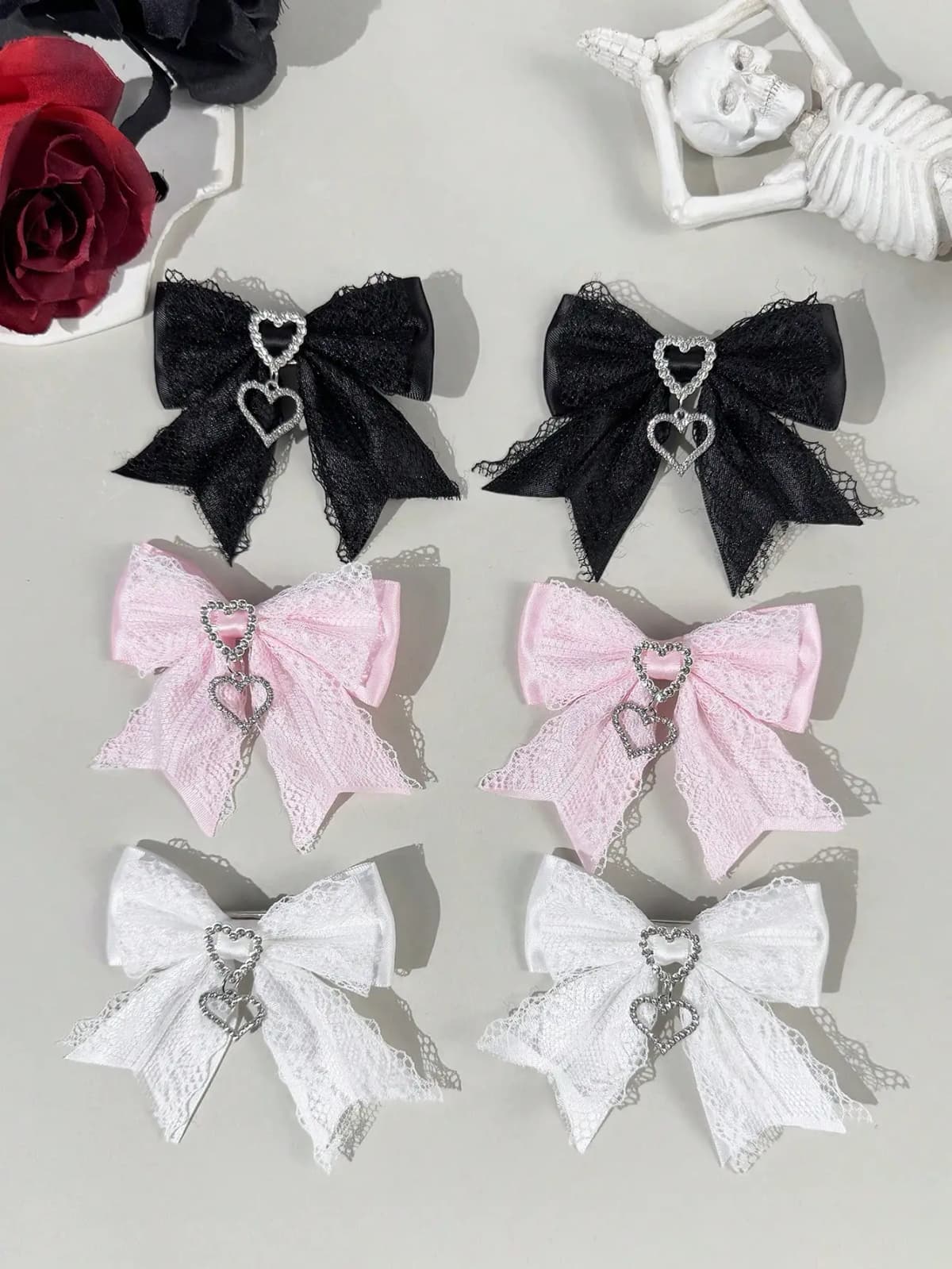 Two-piece set of women's street-style youthful sweet-cool lace ribbon rhinestone accessory bow hair clip, suitable for any scene