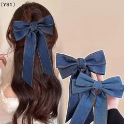 〔YS1〕Fashion Denim Blue Ribbon Bowknot Hair Clips For Women Girls Sweet Elegant Ponytail Hairpins Duckbill Clip Hair Accessories