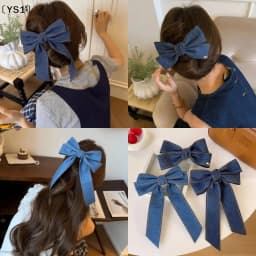 〔YS1〕Fashion Denim Blue Ribbon Bowknot Hair Clips For Women Girls Sweet Elegant Ponytail Hairpins Duckbill Clip Hair Accessories