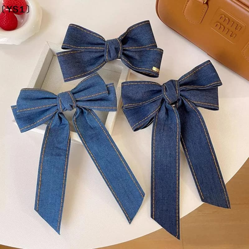 〔YS1〕Fashion Denim Blue Ribbon Bowknot Hair Clips For Women Girls Sweet Elegant Ponytail Hairpins Duckbill Clip Hair Accessories