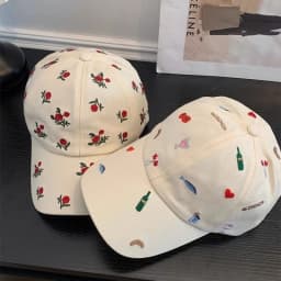 Kawaii Embroidery Baseball Cap for Women Aesthetic Food & Wine Pattern Soft Cotton Adjustable Dad Hat Summer Outdoor Sunshade Ca