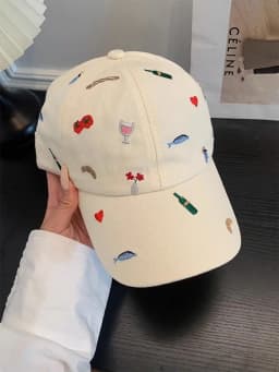 Kawaii Embroidery Baseball Cap for Women Aesthetic Food & Wine Pattern Soft Cotton Adjustable Dad Hat Summer Outdoor Sunshade Ca