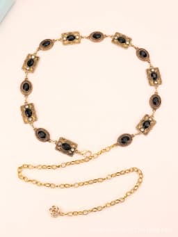 Women's Dress Waist Chain Accessory, Golden & Silver Metal Oval Carved Chain Rhinestone Belt