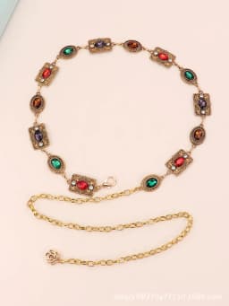 Women's Dress Waist Chain Accessory, Golden & Silver Metal Oval Carved Chain Rhinestone Belt