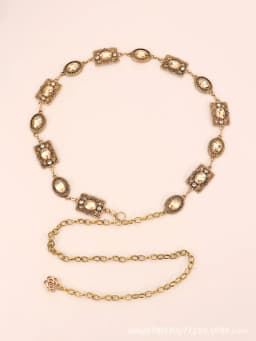 Women's Dress Waist Chain Accessory, Golden & Silver Metal Oval Carved Chain Rhinestone Belt