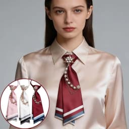 No-Sew Design Beaded Floral Necktie Pearl Chain Decoration Satin Material Double Layer Necktie Double Layer Satin Neck Accessory