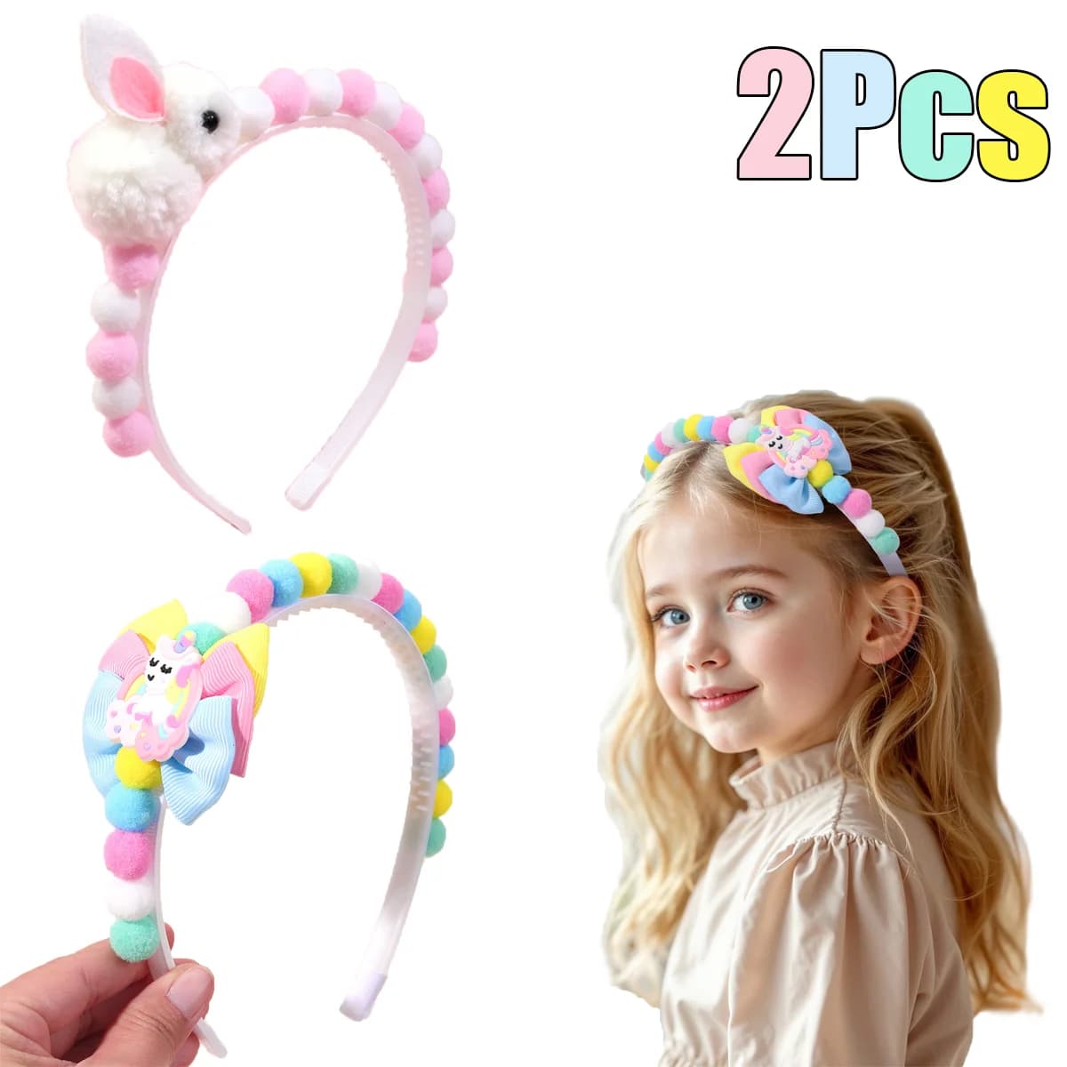2Pcs Rabbit Fur Ball Headband Cute Rainbow Cartoon Unicorn Bow Hair Bands For Girls Children Kids Diadem Headdress Accessories