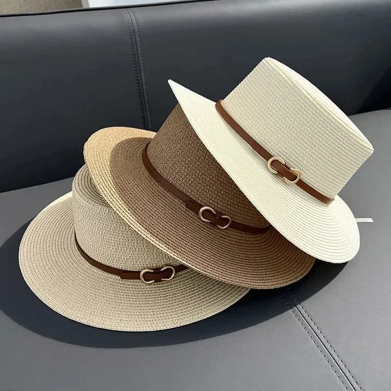 Simple Straw Summer Women Beach Hat Female Casual Panama Hat Women Flat Brim Bowknot Straw Cap Girls Sun Hat