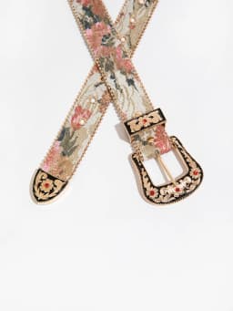 1pc women's gemstone engraved buckle multi-color palace style irregular flower embroidery oil painting pattern PU belt