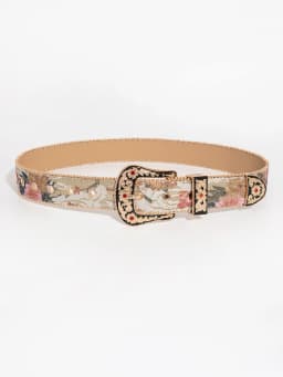 1pc women's gemstone engraved buckle multi-color palace style irregular flower embroidery oil painting pattern PU belt