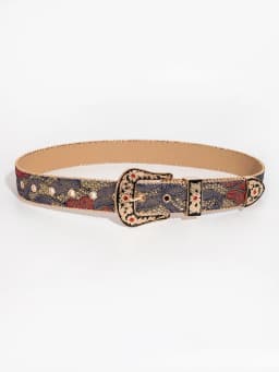 1pc women's gemstone engraved buckle multi-color palace style irregular flower embroidery oil painting pattern PU belt