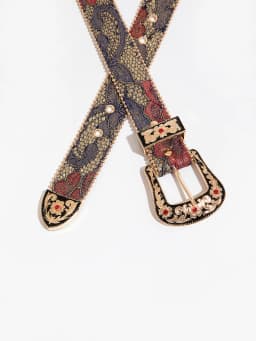 1pc women's gemstone engraved buckle multi-color palace style irregular flower embroidery oil painting pattern PU belt