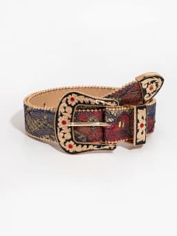 1pc women's gemstone engraved buckle multi-color palace style irregular flower embroidery oil painting pattern PU belt