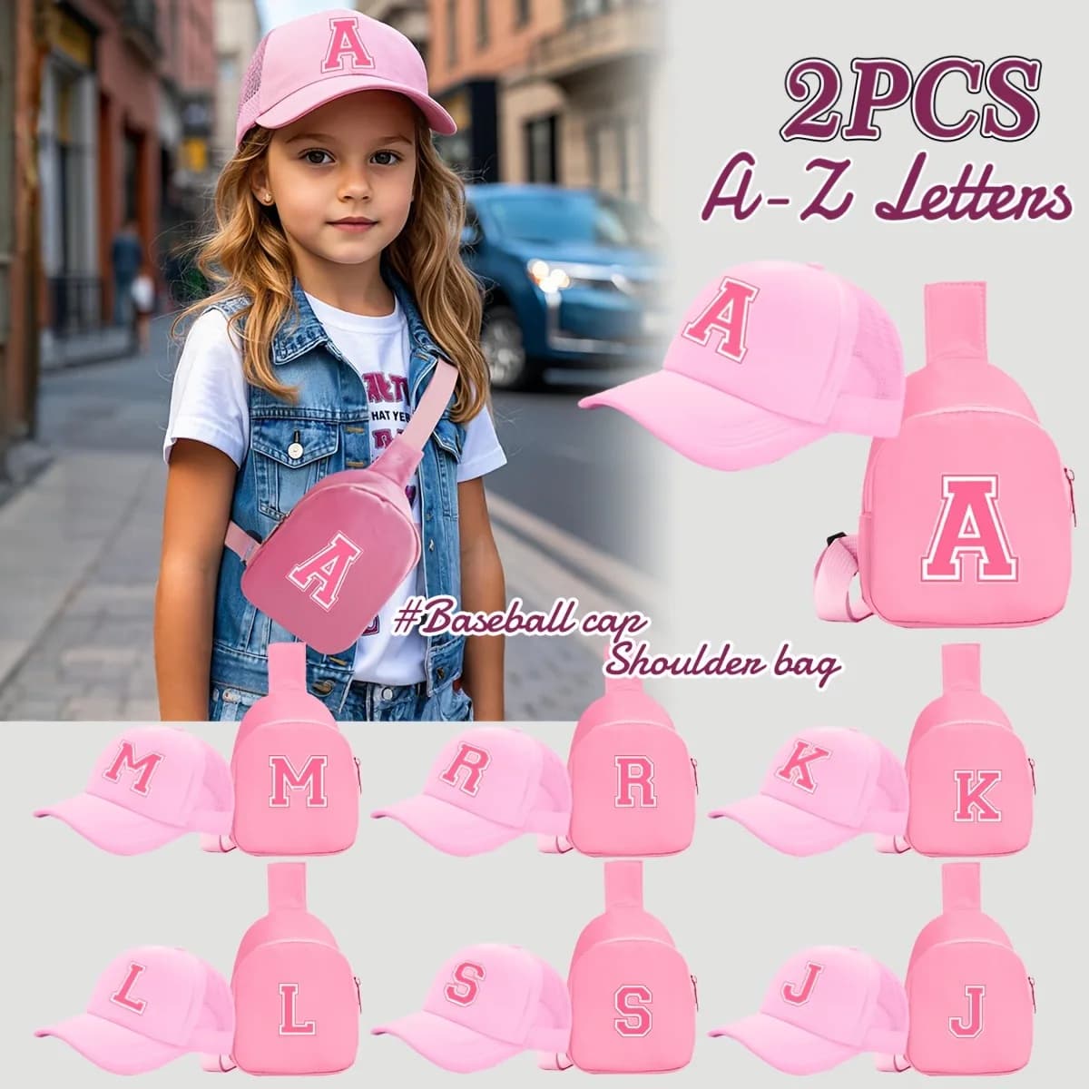 2pcs children's 26-letter printed truck driver hat and chest bag set, lightweight all-in-one visor, suitable for girls' daily